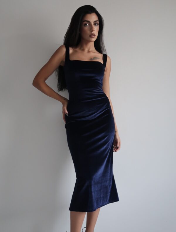 Marigold Velvet Dark Blue Midi Dress - Image 5